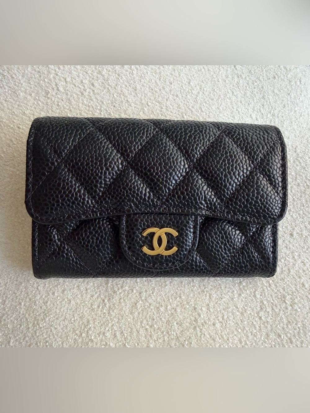 CHANEL Black Quilted Caviar Leather Wallet with Gold CC